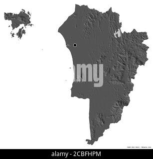 Shape of Kedah, state of Malaysia, with its capital isolated on white background. Bilevel elevation map. 3D rendering Stock Photo