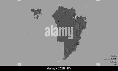 Area of Kedah, state of Malaysia, isolated on a solid background in a georeferenced bounding box. Labels. Bilevel elevation map. 3D rendering Stock Photo