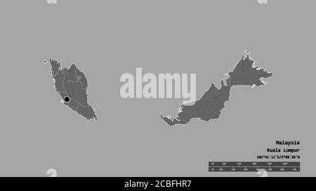 Desaturated shape of Malaysia with its capital, main regional division and the separated Kedah area. Labels. Bilevel elevation map. 3D rendering Stock Photo