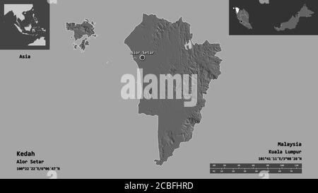 Shape of Kedah, state of Malaysia, and its capital. Distance scale, previews and labels. Bilevel elevation map. 3D rendering Stock Photo