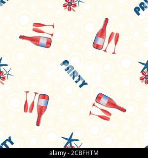 Vector Champagne bubbles party greeting seamless pattern background. Text,bottles, fizzing glasses, starfish, shells on bubble textured backdrop Stock Vector