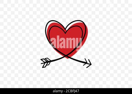 Two Cupid's arrows in the continuous drawing of lines in the form of a heart in a flat style. Continuous black line. Work flat design. Symbol of love Stock Vector