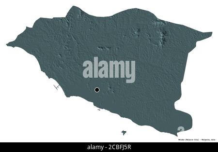 Shape of Melaka, state of Malaysia, with its capital isolated on white background. Colored elevation map. 3D rendering Stock Photo