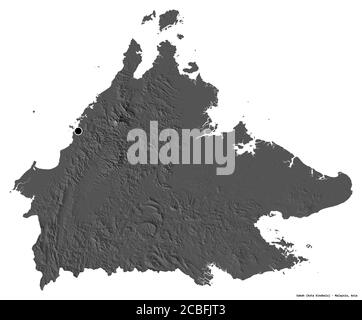 Shape of Sabah, state of Malaysia, with its capital isolated on white background. Bilevel elevation map. 3D rendering Stock Photo