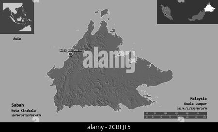 Shape of Sabah, state of Malaysia, and its capital. Distance scale, previews and labels. Bilevel elevation map. 3D rendering Stock Photo