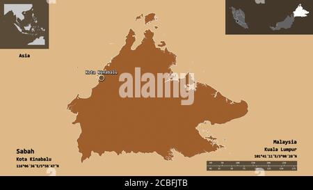 Shape of Sabah, state of Malaysia, and its capital. Distance scale, previews and labels. Composition of regularly patterned textures. 3D rendering Stock Photo