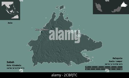 Shape of Sabah, state of Malaysia, and its capital. Distance scale, previews and labels. Colored elevation map. 3D rendering Stock Photo