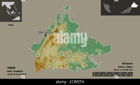 Shape of Sabah, state of Malaysia, and its capital. Distance scale, previews and labels. Topographic relief map. 3D rendering Stock Photo
