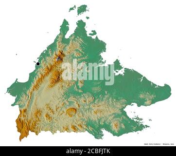 Shape of Sabah, state of Malaysia, with its capital isolated on white background. Topographic relief map. 3D rendering Stock Photo