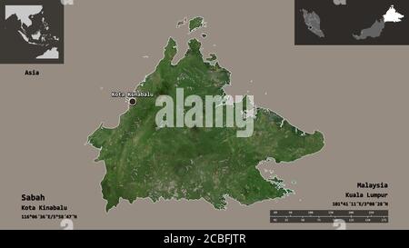 Shape of Sabah, state of Malaysia, and its capital. Distance scale, previews and labels. Satellite imagery. 3D rendering Stock Photo