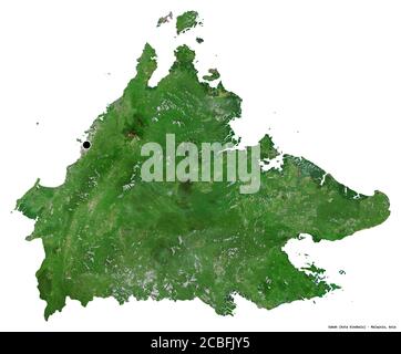 Shape of Sabah, state of Malaysia, with its capital isolated on white background. Satellite imagery. 3D rendering Stock Photo