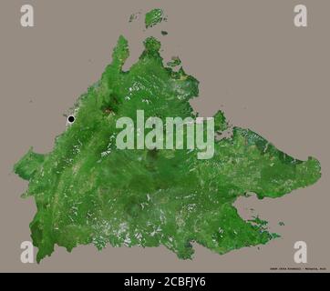Shape of Sabah, state of Malaysia, with its capital isolated on a solid color background. Satellite imagery. 3D rendering Stock Photo