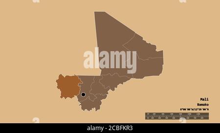 Desaturated shape of Mali with its capital, main regional division and the separated Kayes area. Labels. Composition of regularly patterned textures. Stock Photo