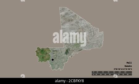Desaturated shape of Mali with its capital, main regional division and the separated Kayes area. Labels. Satellite imagery. 3D rendering Stock Photo