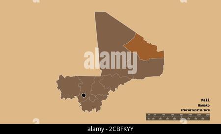 Desaturated shape of Mali with its capital, main regional division and the separated Kidal area. Labels. Composition of regularly patterned textures. Stock Photo