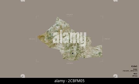 Area of Kidal, region of Mali, isolated on a solid background in a georeferenced bounding box. Labels. Satellite imagery. 3D rendering Stock Photo