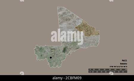 Desaturated shape of Mali with its capital, main regional division and the separated Kidal area. Labels. Satellite imagery. 3D rendering Stock Photo
