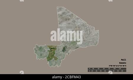 Desaturated shape of Mali with its capital, main regional division and the separated Koulikoro area. Labels. Satellite imagery. 3D rendering Stock Photo