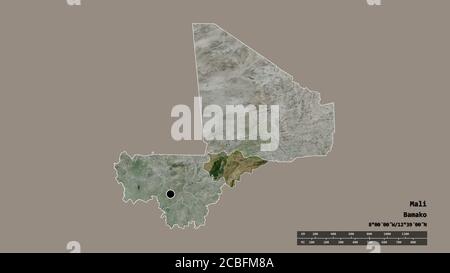 Desaturated shape of Mali with its capital, main regional division and the separated Mopti area. Labels. Satellite imagery. 3D rendering Stock Photo