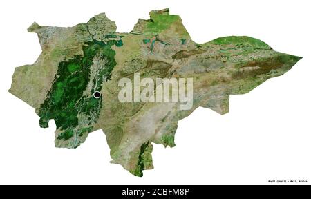 Shape of Mopti, region of Mali, with its capital isolated on white background. Satellite imagery. 3D rendering Stock Photo