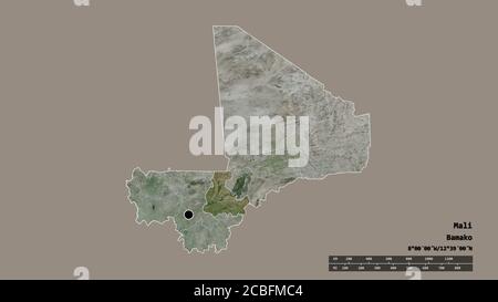 Desaturated shape of Mali with its capital, main regional division and the separated Ségou area. Labels. Satellite imagery. 3D rendering Stock Photo
