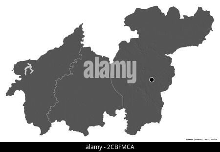 Shape of Sikasso, region of Mali, with its capital isolated on white background. Bilevel elevation map. 3D rendering Stock Photo