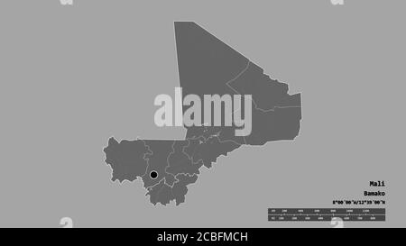 Desaturated shape of Mali with its capital, main regional division and the separated Sikasso area. Labels. Bilevel elevation map. 3D rendering Stock Photo