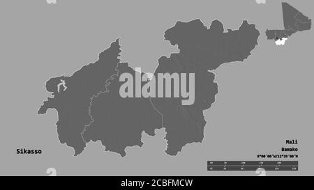 Shape of Sikasso, region of Mali, with its capital isolated on solid background. Distance scale, region preview and labels. Bilevel elevation map. 3D Stock Photo