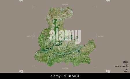 Area of Ségou, region of Mali, isolated on a solid background in a georeferenced bounding box. Labels. Satellite imagery. 3D rendering Stock Photo
