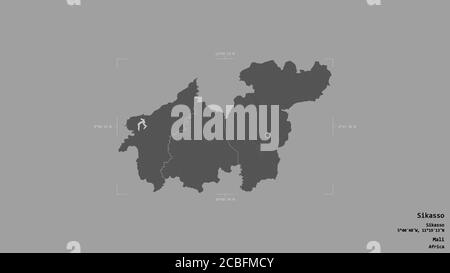 Area of Sikasso, region of Mali, isolated on a solid background in a georeferenced bounding box. Labels. Bilevel elevation map. 3D rendering Stock Photo