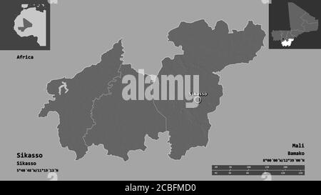 Shape of Sikasso, region of Mali, and its capital. Distance scale, previews and labels. Bilevel elevation map. 3D rendering Stock Photo