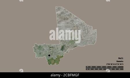 Desaturated shape of Mali with its capital, main regional division and the separated Sikasso area. Labels. Satellite imagery. 3D rendering Stock Photo