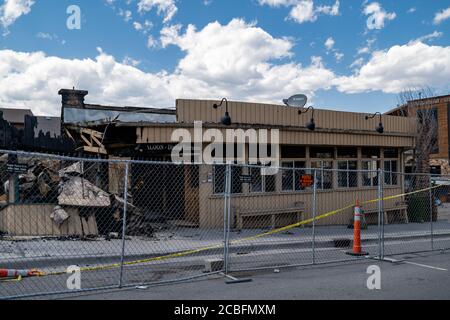 Gardiner, Montana - August 7, 2020: The remains of the destroyed Two Bit Saloon, damanged by a fire that burned several businesses in the area Stock Photo
