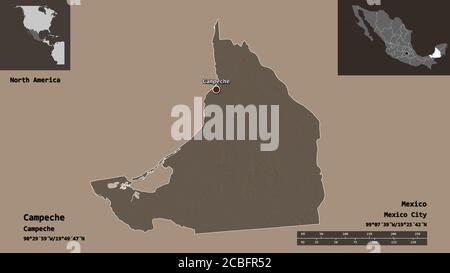 Shape of Campeche, state of Mexico, and its capital. Distance scale, previews and labels. Colored elevation map. 3D rendering Stock Photo