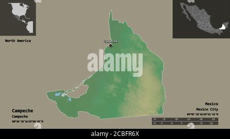 Shape of Campeche, state of Mexico, and its capital. Distance scale, previews and labels. Topographic relief map. 3D rendering Stock Photo