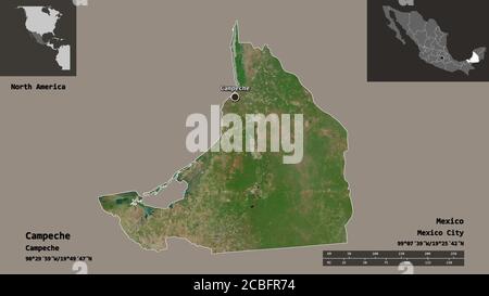 Shape of Campeche, state of Mexico, and its capital. Distance scale, previews and labels. Satellite imagery. 3D rendering Stock Photo