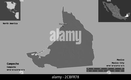 Shape of Campeche, state of Mexico, and its capital. Distance scale, previews and labels. Bilevel elevation map. 3D rendering Stock Photo