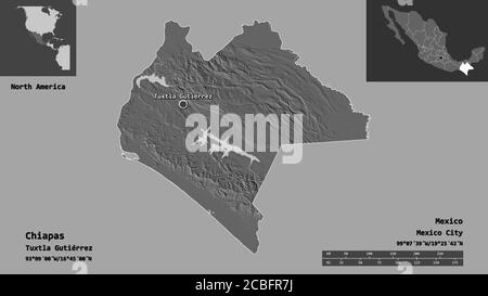 Shape of Chiapas, state of Mexico, and its capital. Distance scale, previews and labels. Bilevel elevation map. 3D rendering Stock Photo