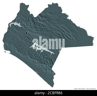 Shape of Chiapas, state of Mexico, with its capital isolated on white background. Colored elevation map. 3D rendering Stock Photo