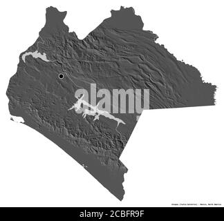 Shape of Chiapas, state of Mexico, with its capital isolated on white background. Bilevel elevation map. 3D rendering Stock Photo