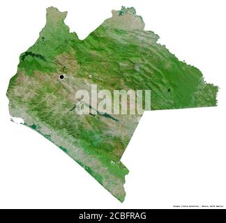 Shape of Chiapas, state of Mexico, with its capital isolated on white background. Satellite imagery. 3D rendering Stock Photo