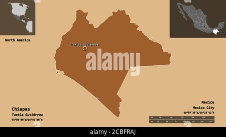 Shape of Chiapas, state of Mexico, and its capital. Distance scale, previews and labels. Composition of regularly patterned textures. 3D rendering Stock Photo