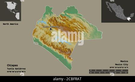 Shape of Chiapas, state of Mexico, and its capital. Distance scale, previews and labels. Topographic relief map. 3D rendering Stock Photo