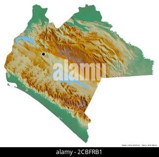 Shape of Chiapas, state of Mexico, with its capital isolated on white background. Topographic relief map. 3D rendering Stock Photo