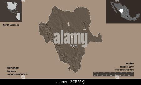 Shape of Durango, state of Mexico, and its capital. Distance scale, previews and labels. Colored elevation map. 3D rendering Stock Photo