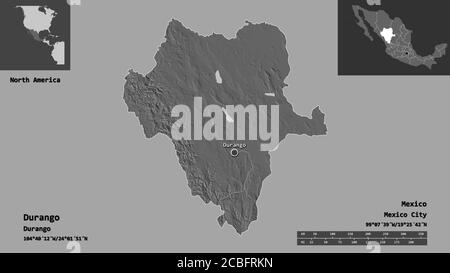 Shape of Durango, state of Mexico, and its capital. Distance scale, previews and labels. Bilevel elevation map. 3D rendering Stock Photo