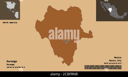 Shape of Durango, state of Mexico, and its capital. Distance scale, previews and labels. Composition of regularly patterned textures. 3D rendering Stock Photo