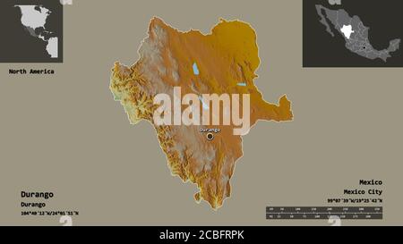 Shape of Durango, state of Mexico, and its capital. Distance scale, previews and labels. Topographic relief map. 3D rendering Stock Photo