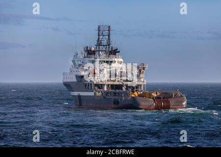 NORTH SEA UK SECTOR - 2015 MAY 11. Norwegian anchor handler vessel Olympic Pegasus at work offshore. A101 ULSTEIN DESIGN Stock Photo