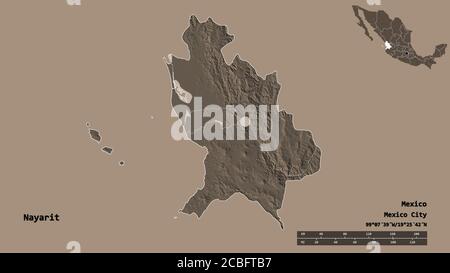 Shape of Nayarit, state of Mexico, with its capital isolated on solid background. Distance scale, region preview and labels. Colored elevation map. 3D Stock Photo